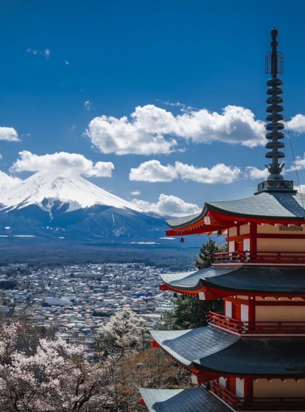 Stunning view of Chureito Pagoda and Mount Fuji with cherry blossoms in spring, Japan.