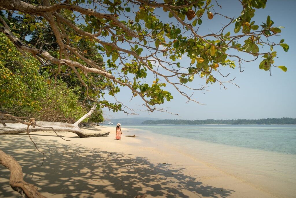 Woman enjoying a serene day at Jolly Buoy Island beach, Andaman and Nicobar, India.