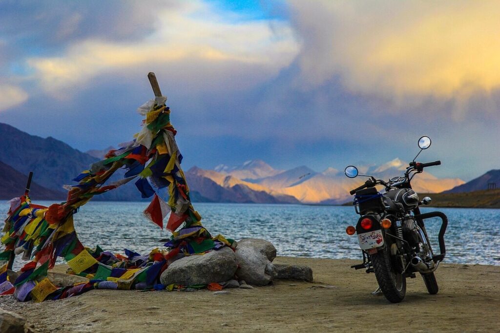 ladakh, pangong lake, lagoon, leh, india, motorcycle, nature, himalayan, pangong tso, sunset