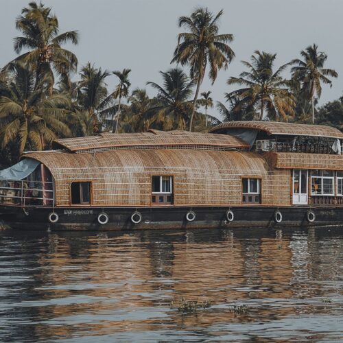 Traditional houseboat cruising in a tropical waterway surrounded by lush palm trees.